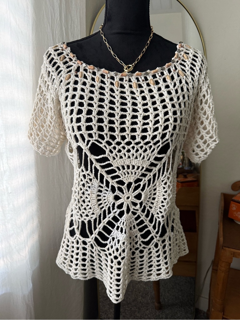 Vintage RICO hand knit Boho Crochet Short Sleeve Tee with beading- Cream